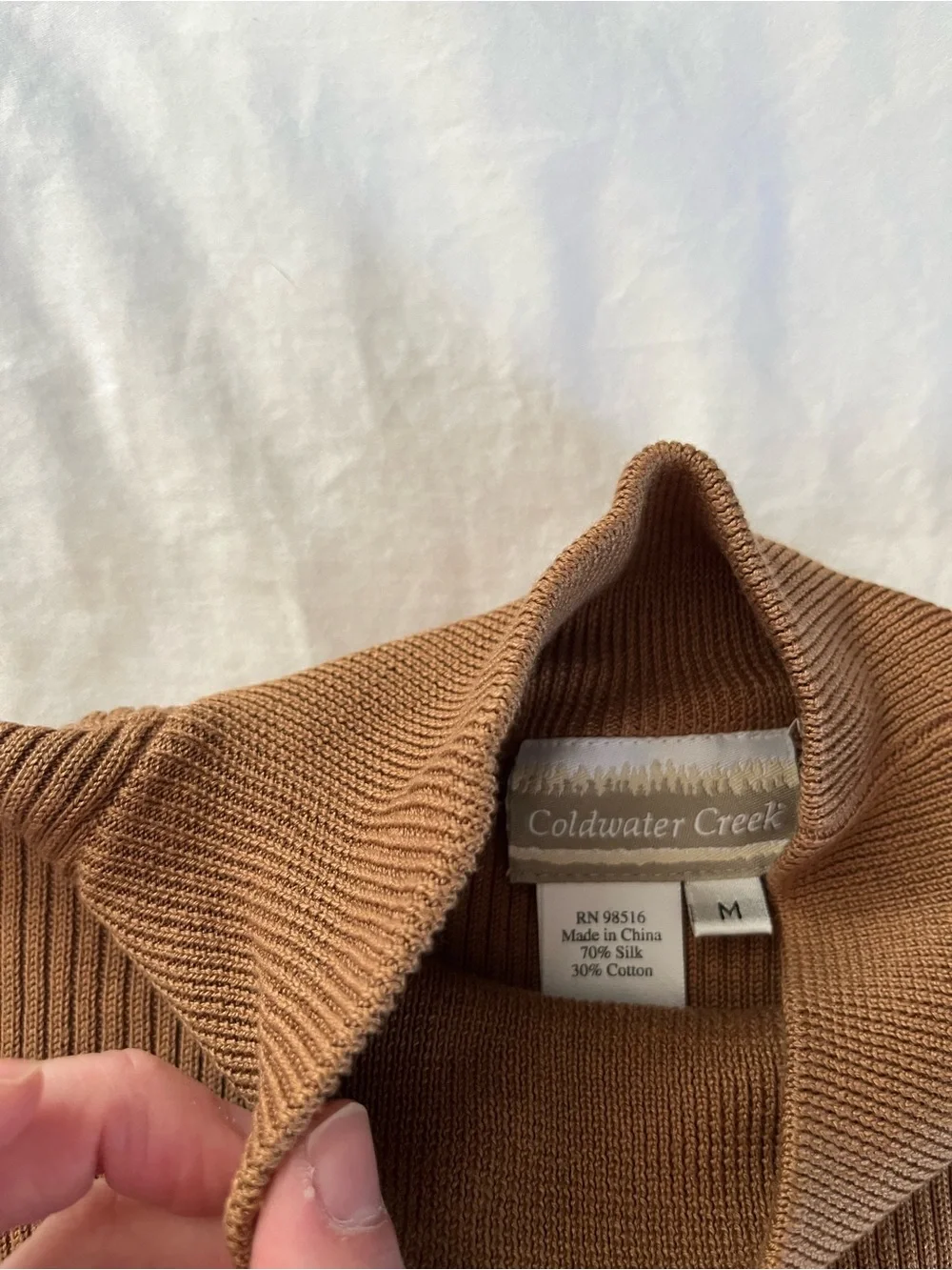 Coldwater Creek Silk Cotton Ribbed Mock Neck Sweater - Medium - Camel